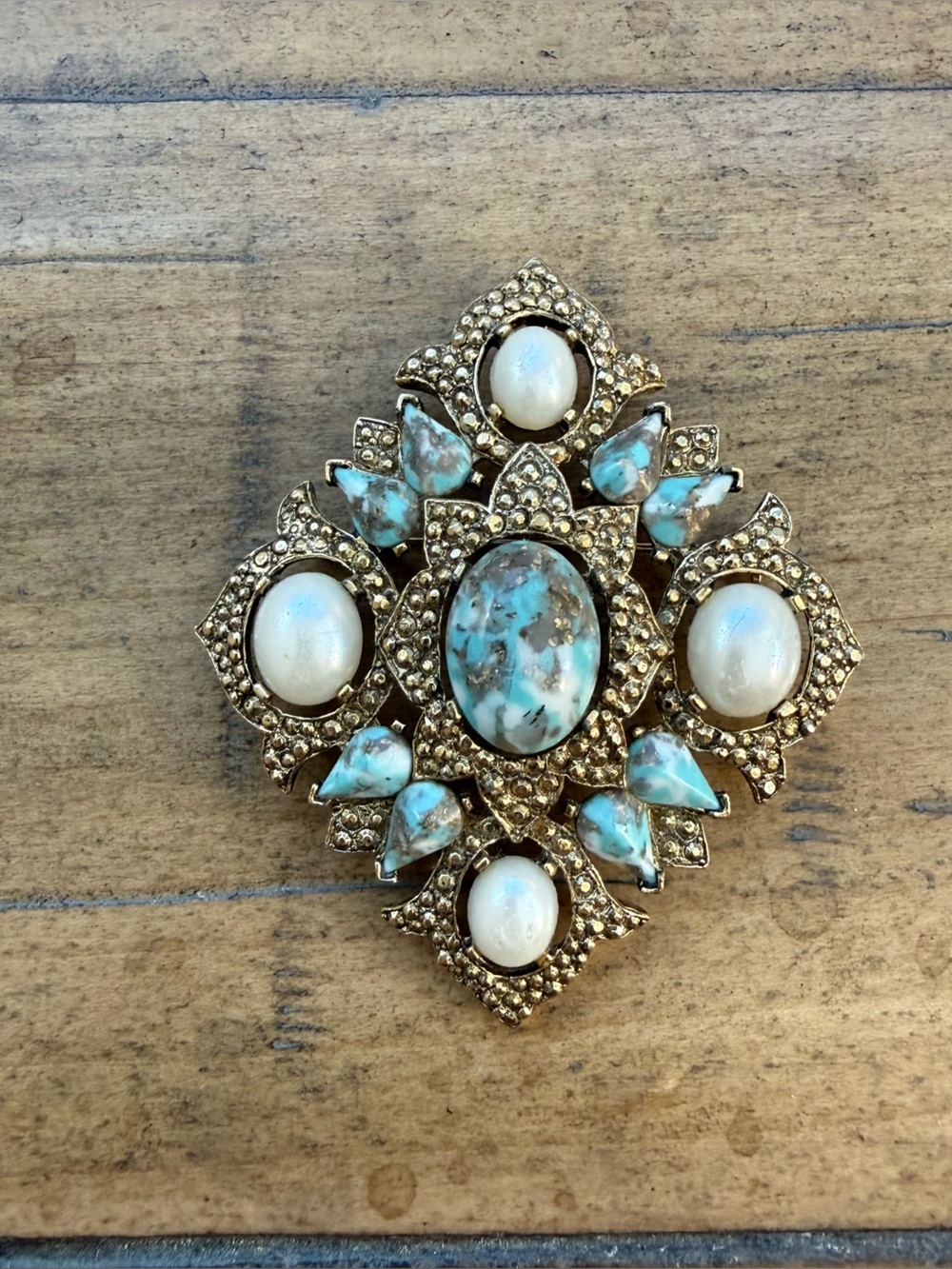Gold-Tone Turquoise & Pearl Statement Brooch